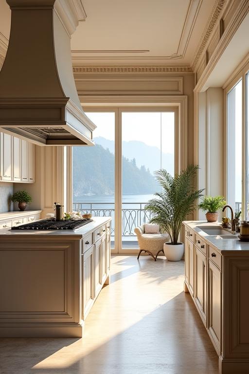 Cucina in stile classico con isola, situata in una villa con vista lago