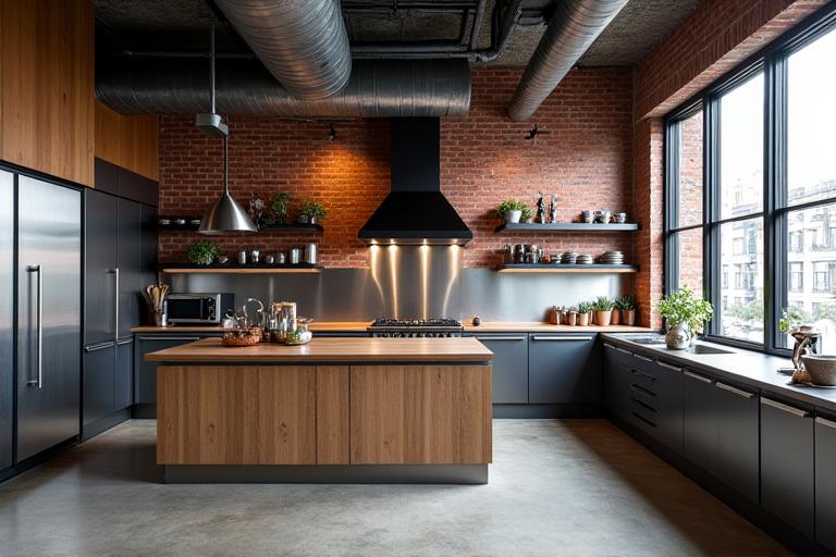 Cucina in stile industriale con elementi in acciaio e legno in un loft