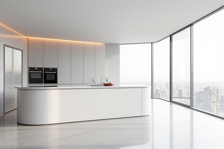 Cucina minimalista bianca con isola centrale in un appartamento a Milano