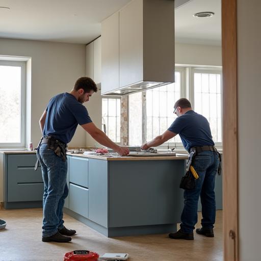 Team di installatori che monta una cucina di lusso