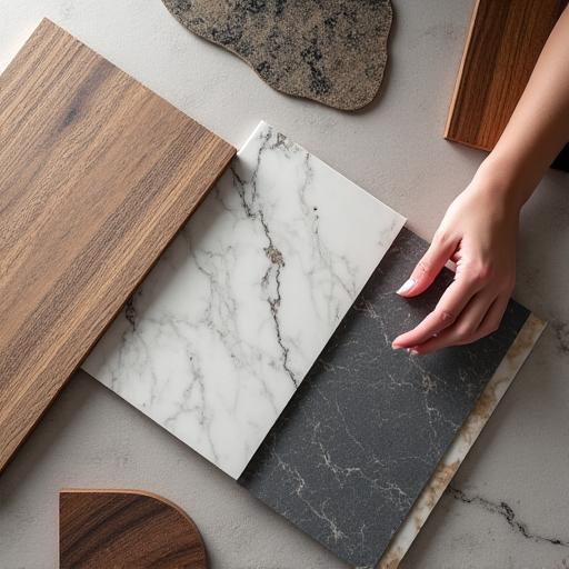 Campionario di materiali per cucine, tra cui marmo e legno
